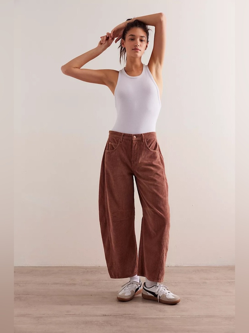 Free People Barrel Corduroy Pants in Rust Brown
